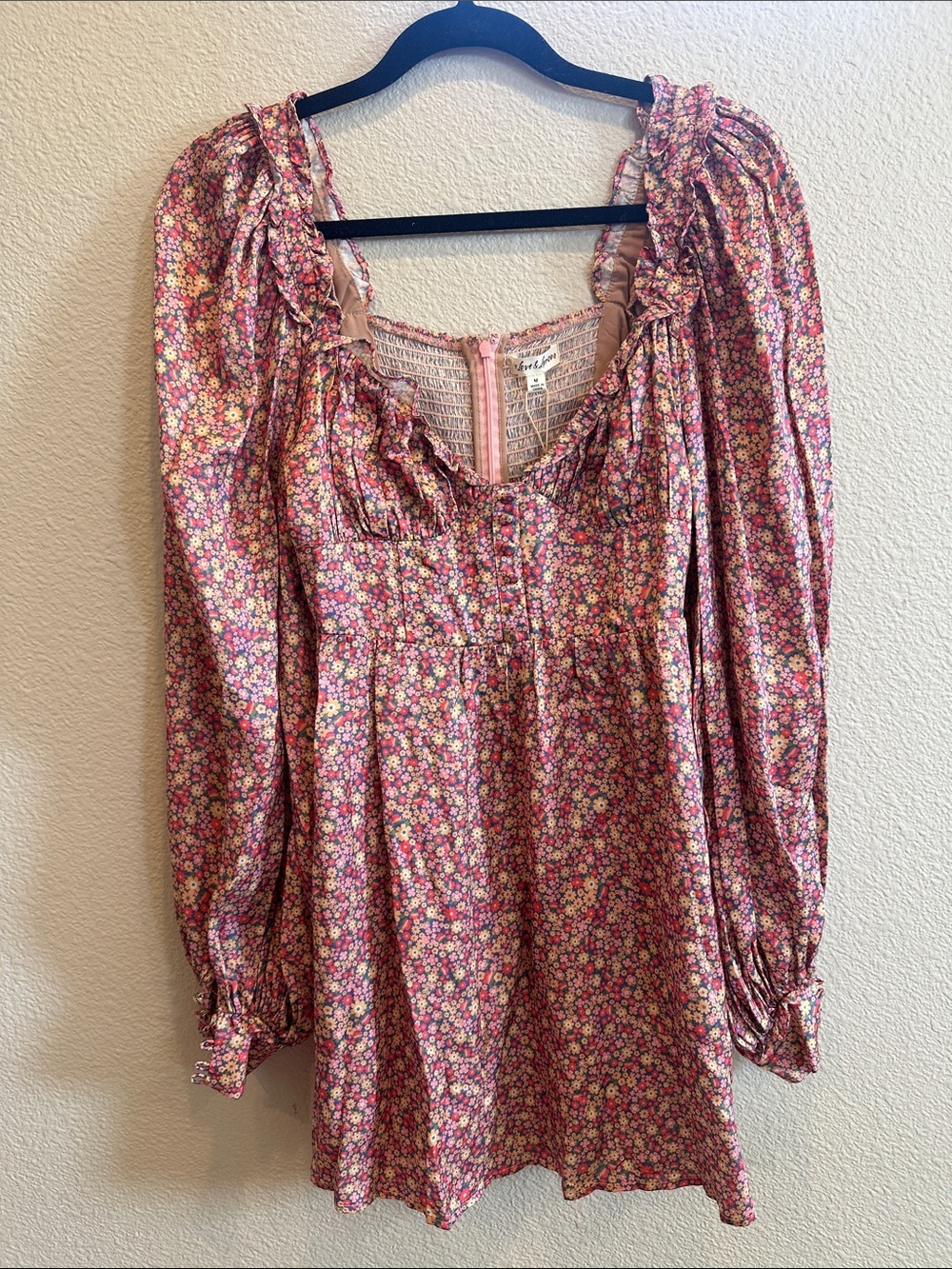 NWT For Love & Lemons Laurie Mini Dress Floral Puff Sleeve M